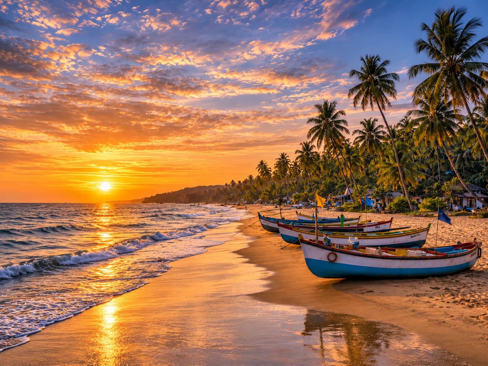 Colourful fishing boats on Benaulim beach under a tropical sunset
